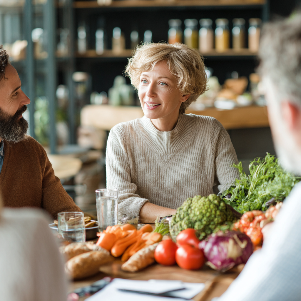 Nutritionist consulting with mature adults about personalized meal planning in modern wellness center
