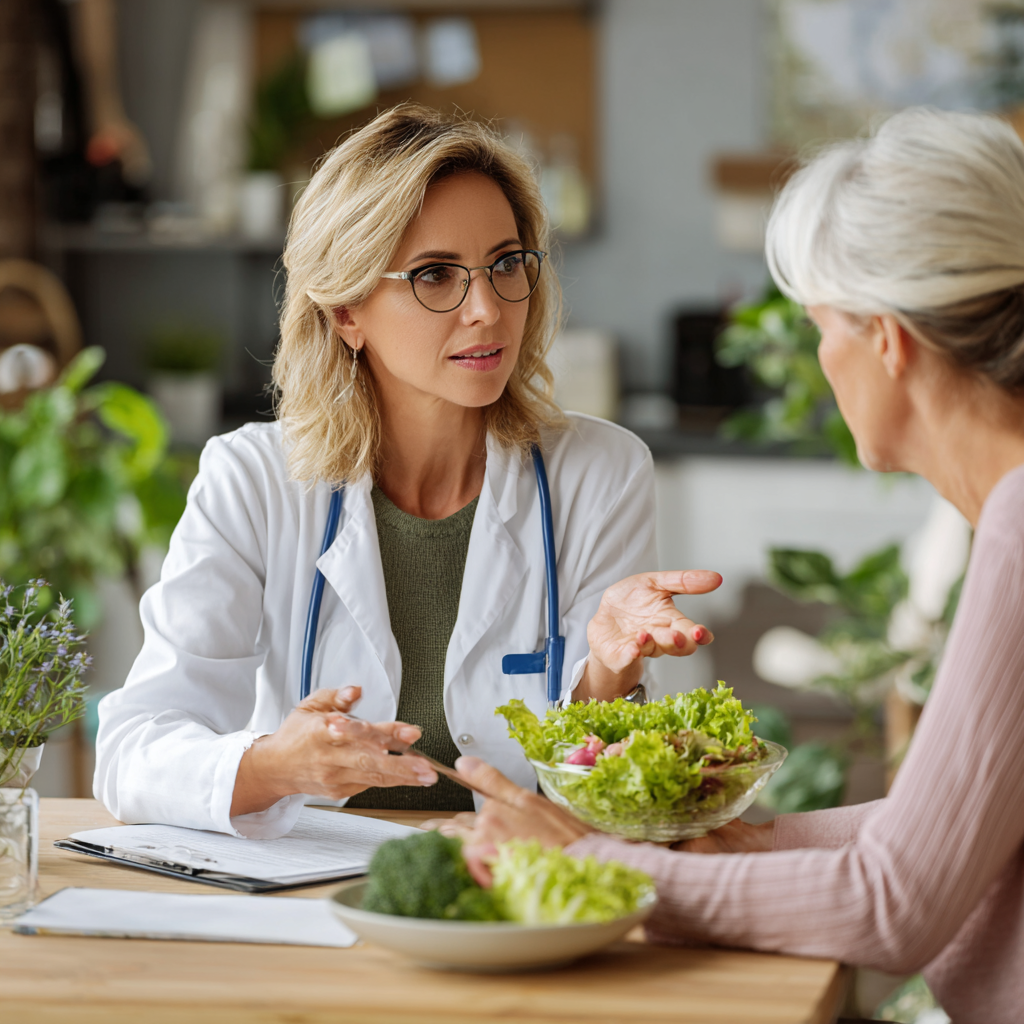 Professional nutritionist explaining meal plan details to middle-aged client in consultation room